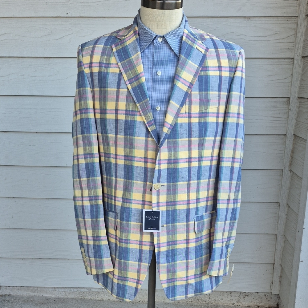 CLUB ROOM Pastel Yellow Blue Pink Plaid Linen Blend Sz 42 L Mens Sport‎ Coat NEW
